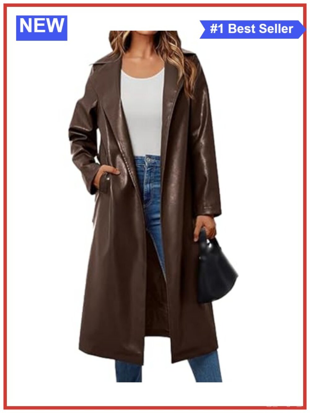 Faux Leather Trench Coat Open Front Belted Moto Maxi Jacket Long Overcoat